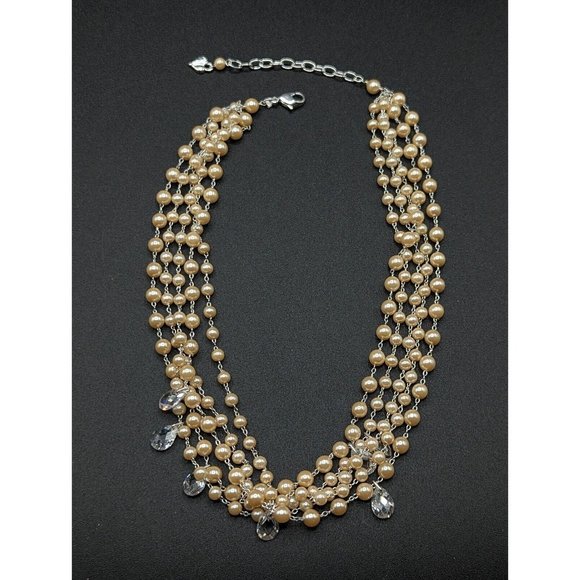 Carolee Faux Pearl Bead Multi Strand Layered Clear Faceted Teardrop Necklace - Picture 3 of 6
